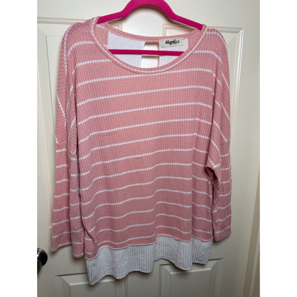 Haptics Pink White Striped Waffle Knit Open Back Top 3X